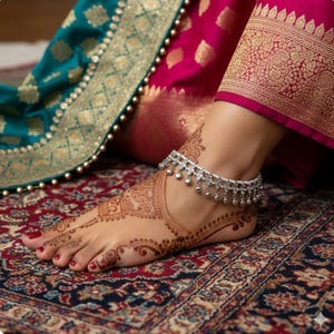 May include: A silver anklet with dangling charms decorates an ankle with henna patterns. The foot rests on a patterned rug, with teal and magenta fabric in the background.