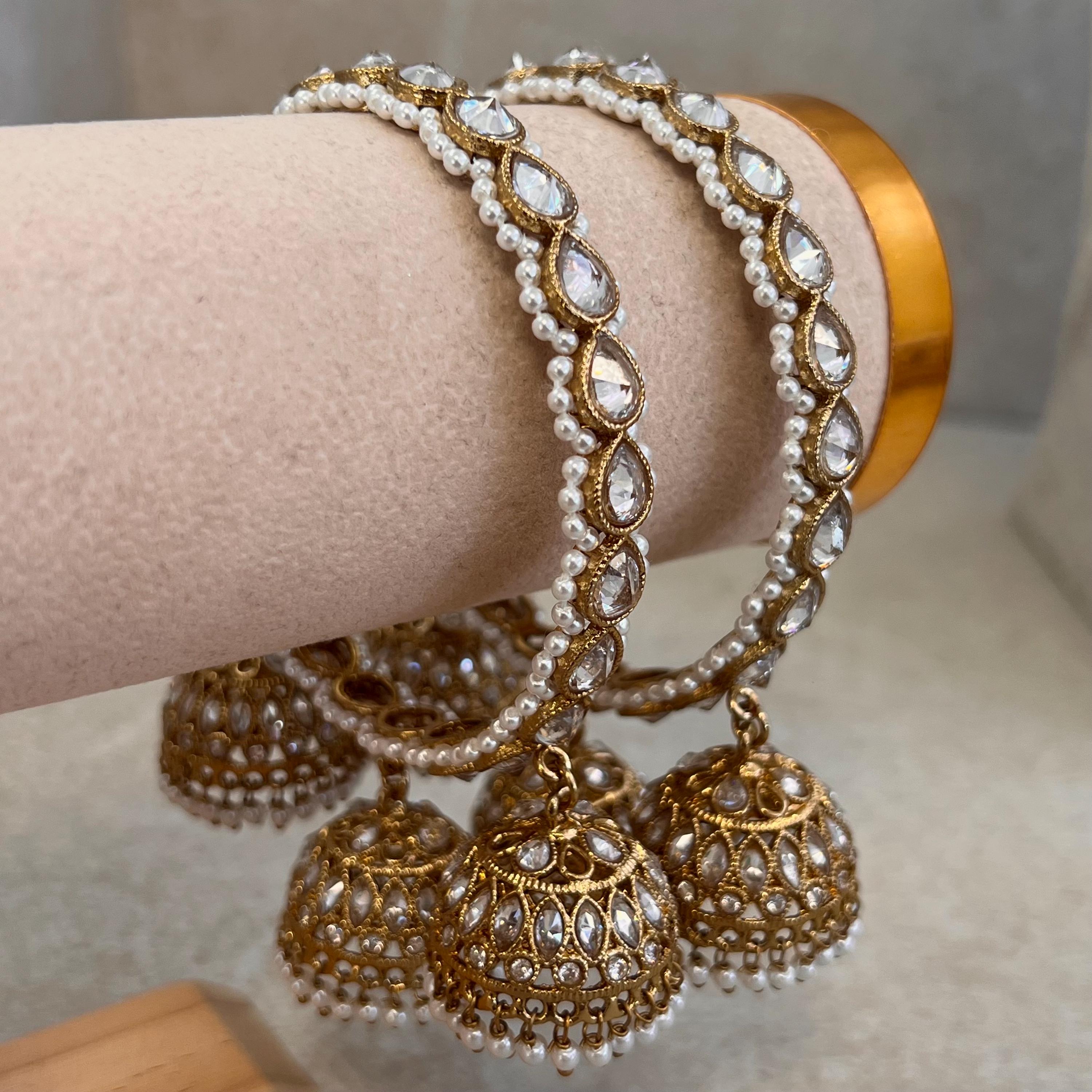 Antique Gold With Clear Zircon Crystals Pearl 3 Jhumka Bangle