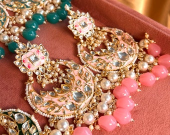 Meenakari/ Indian/ Pakistani Style/ Pink- Hand Painted Kundan Earring Large/ Fashion Jewellery/ Gift for Women