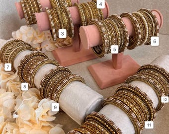 Antique Gold One Arm Bangle Stack: Rhinestone Indian Jewelry, Size 2.8