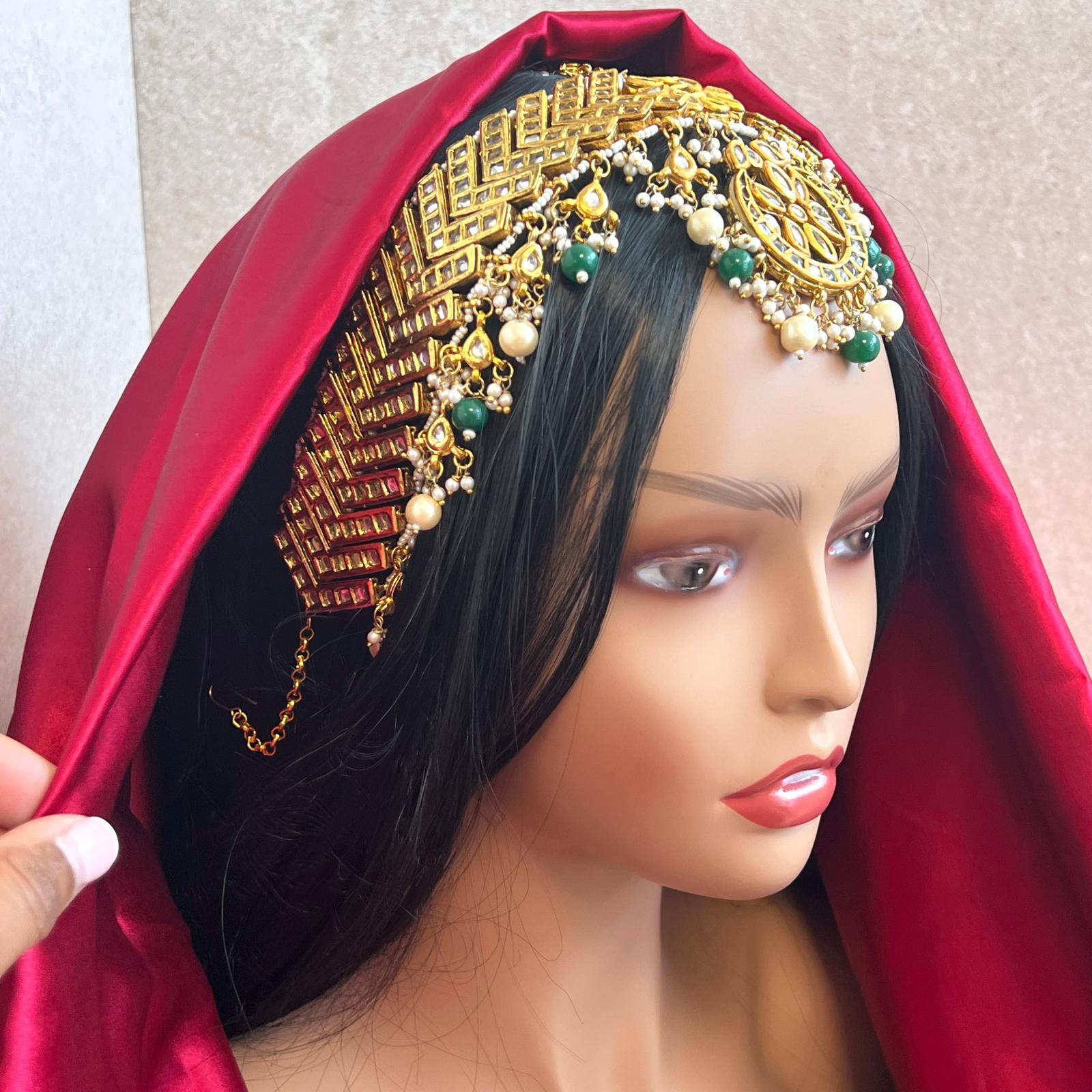 Real Kundan Heavy Bright Gold Tradtional Mathapatti Bridal Headband Wedding Jewellery Hair Polki Accessory Green Pearl Clear High Quality