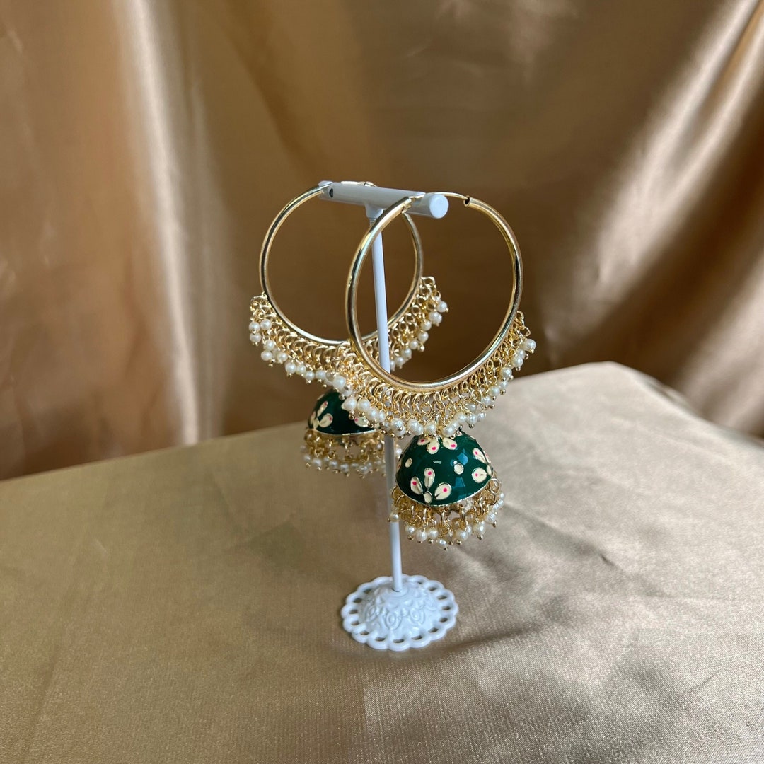 Meenakari/ Indian/ Pakistani Style/green- Hand Painted Jhumka Hoop