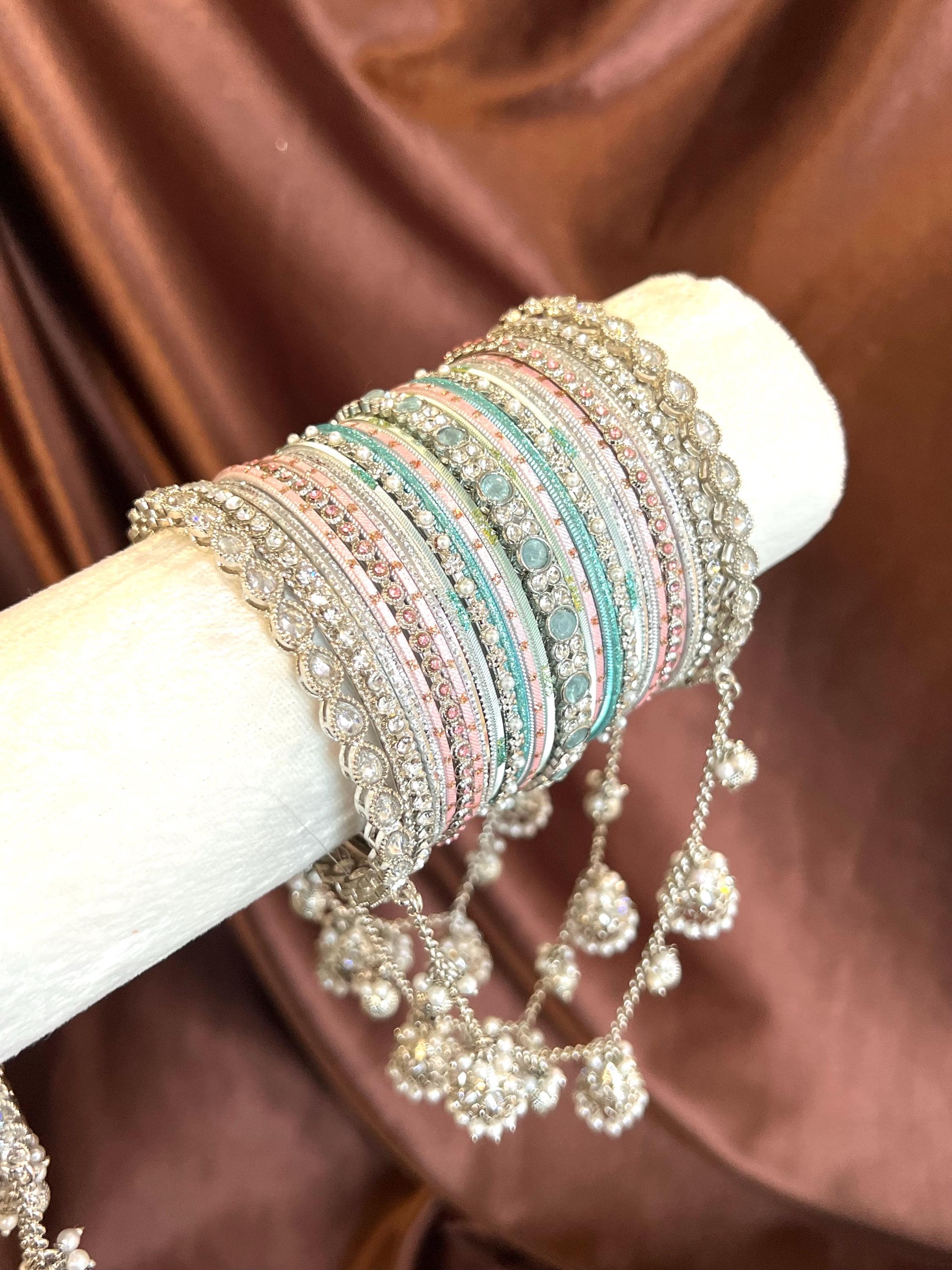 Silver Pastel Bridal Jhumka Connecting Bangle Set One Arm Heavy