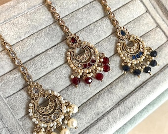 Cristal perle Tikka/ Tikli/ Bijoux fantaisie indiens/ Pakistanais/ Maang Tikkas/ Mélange de couleurs/ Blanc/ Bordeaux/ Marine/ Or vieilli/ Cristal de zircon