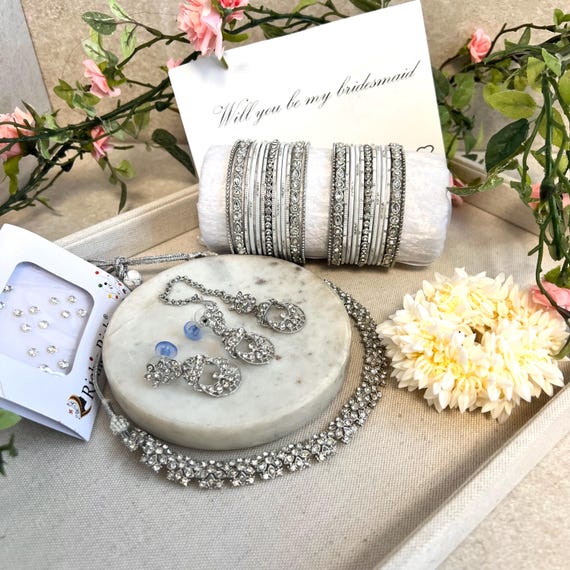 Silver Bridesmaid Gift Box Wedding Guest Mendhi Party Jewellery Necklace  Set Earring Tikka Bangles Bindi Jasmine Scunchie Maid of Honour