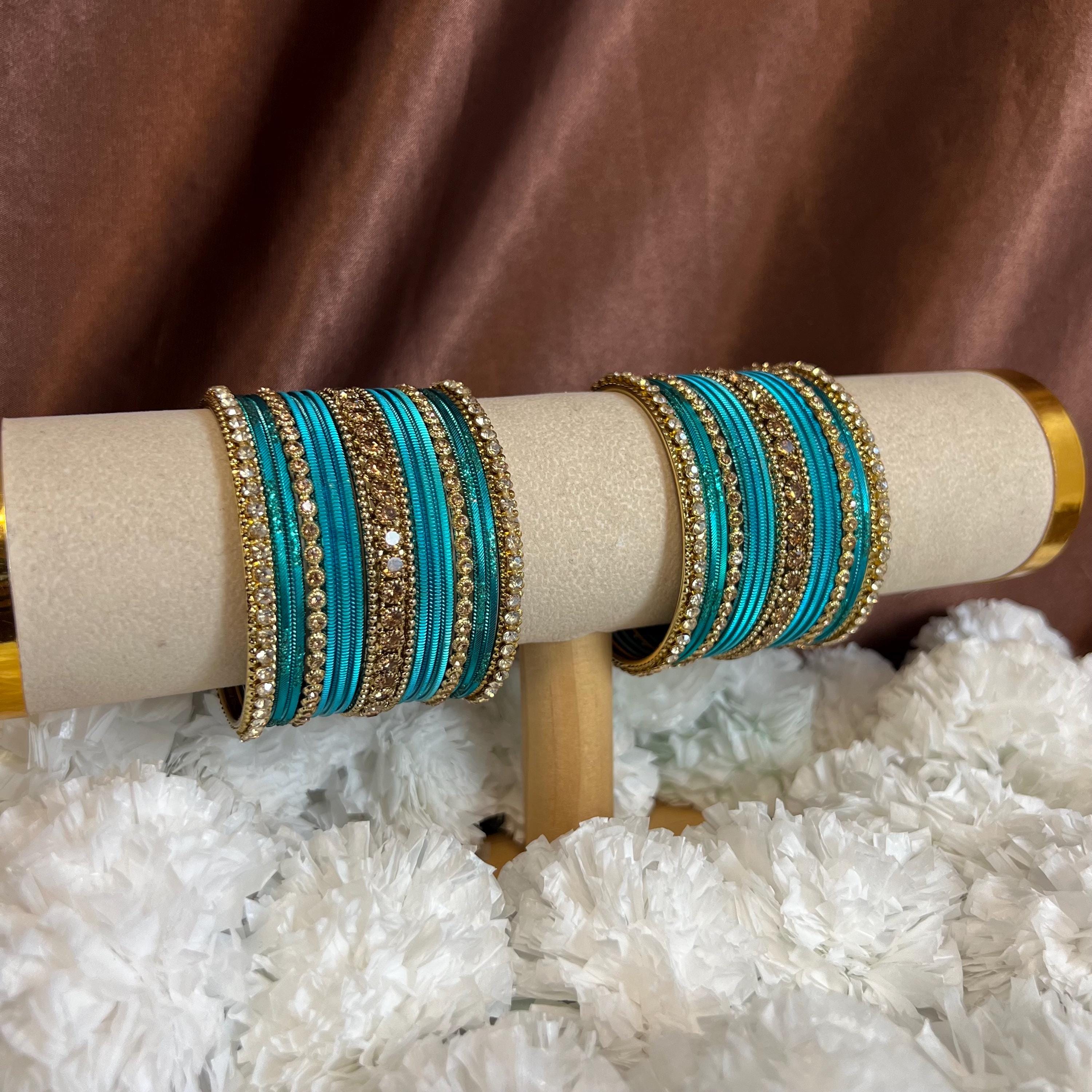 Teal Gold Small Bangle Set Both Arms Indian Jewellery Desi Punjabi ...