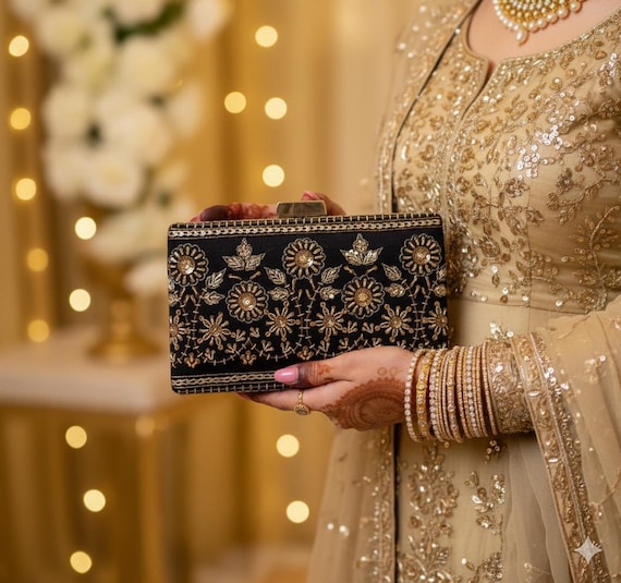 Black Antique Gold Embellished Handcrafted Clutch Bag  display picture 1