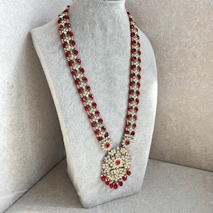 Red Antique Gold Clear Rhinestones Long Mala/ Haar Long Necklace Unique Style Indian Pakistani Fashion Jewellery Gift for Women