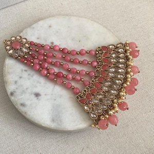 Antique Gold Jhumar Jhoomar- Golden Stones Passa Hair Accessory Pakistani Punjabi Bridal Fashion South Asian Traditional Jewellery Pink