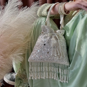 White Mirror Beaded Tasseled Potli Bags/Indian Handmade Traditional Phulkari Potli Bags/Modern Ethnic Mirror Work Potli Bags/White Bags