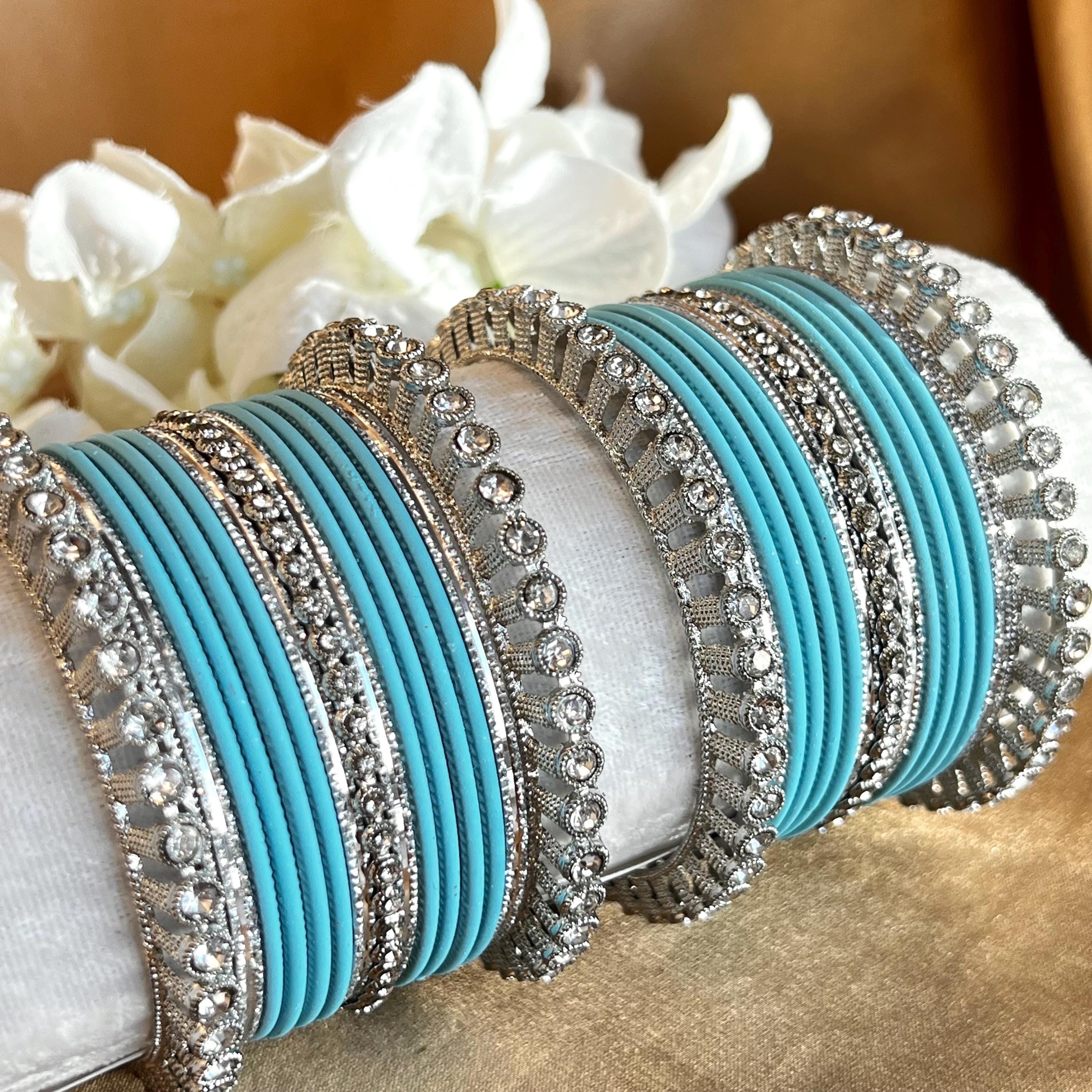 アクセサリー Indian Jewelry Silver Turquoise Bangle Blue Silver Small Bangle Set for Both Arms Traditional