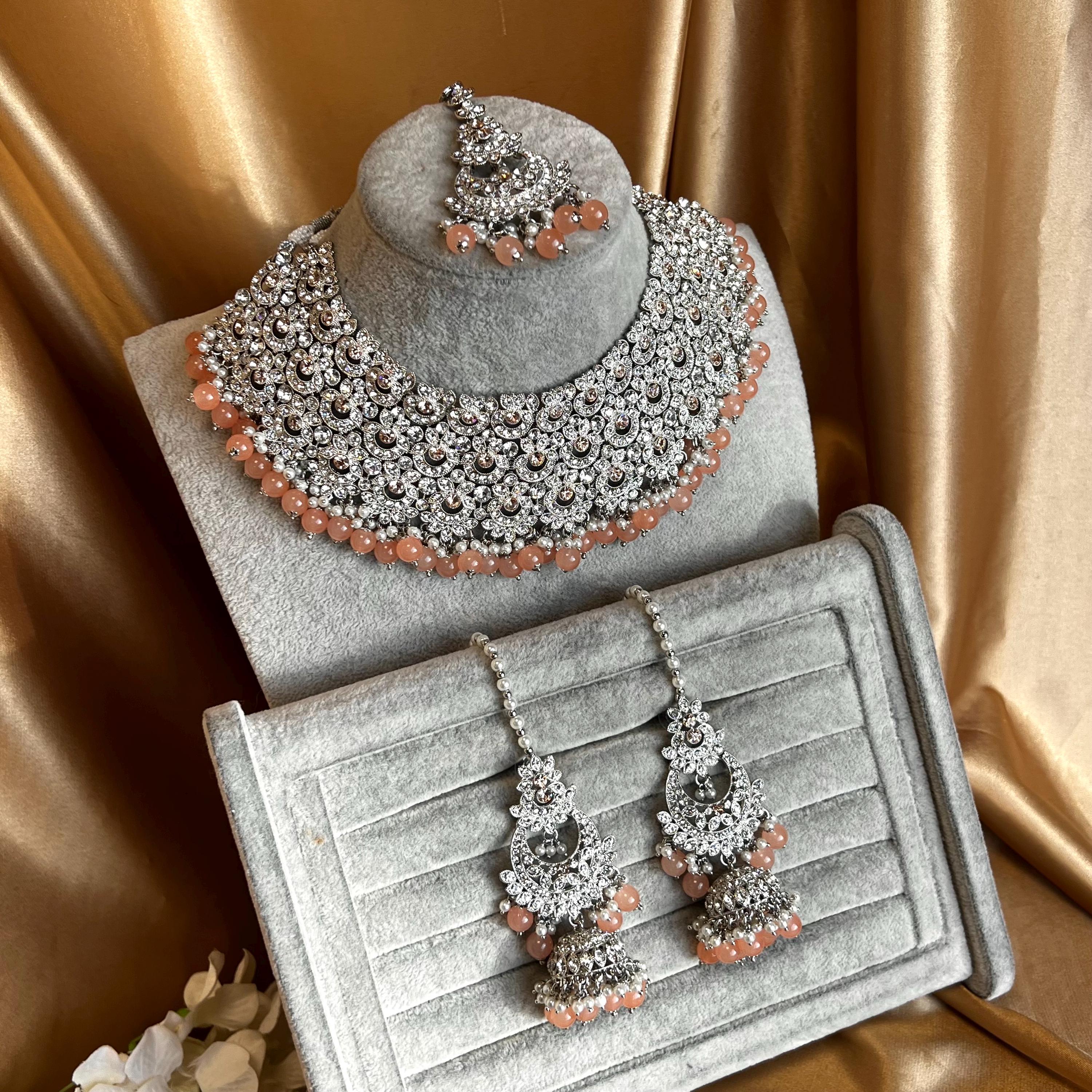 Peach Silver Bridal Set - Indian Pakistani Traditional Style With
