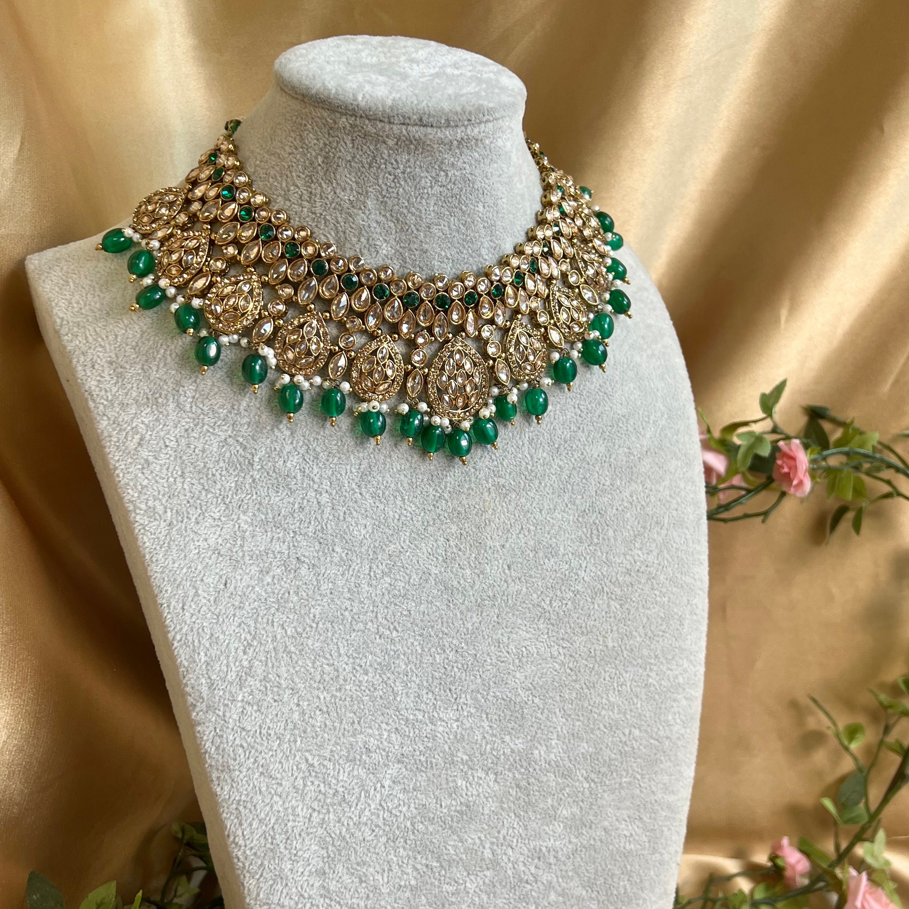 Collier émeraude Verte Perles Rondelles - Laiton Réglable 18 Pouces - Fait Main Inde