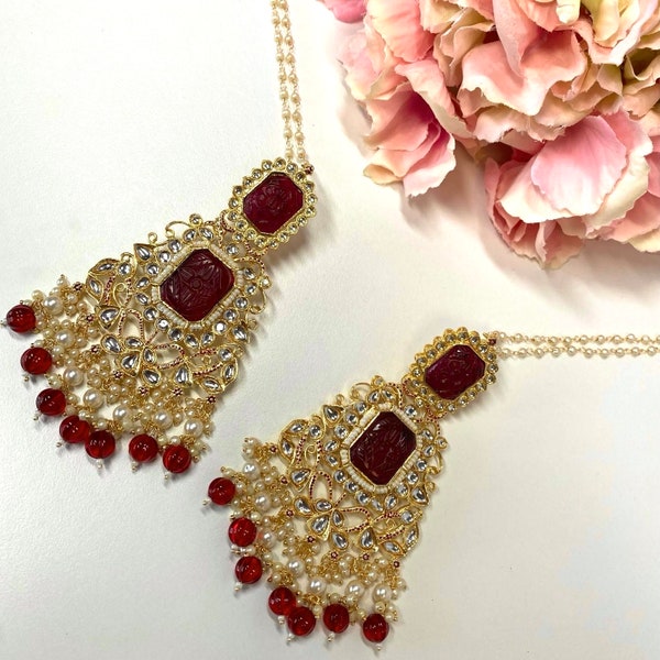 Large Faux-Kundan Earrings - Maroon