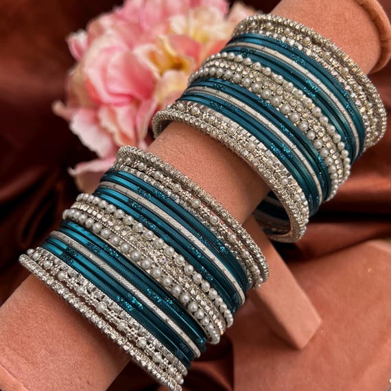 Teal Blue Medium Silver Crystal Gemstone Pearly Indian Bangle Set