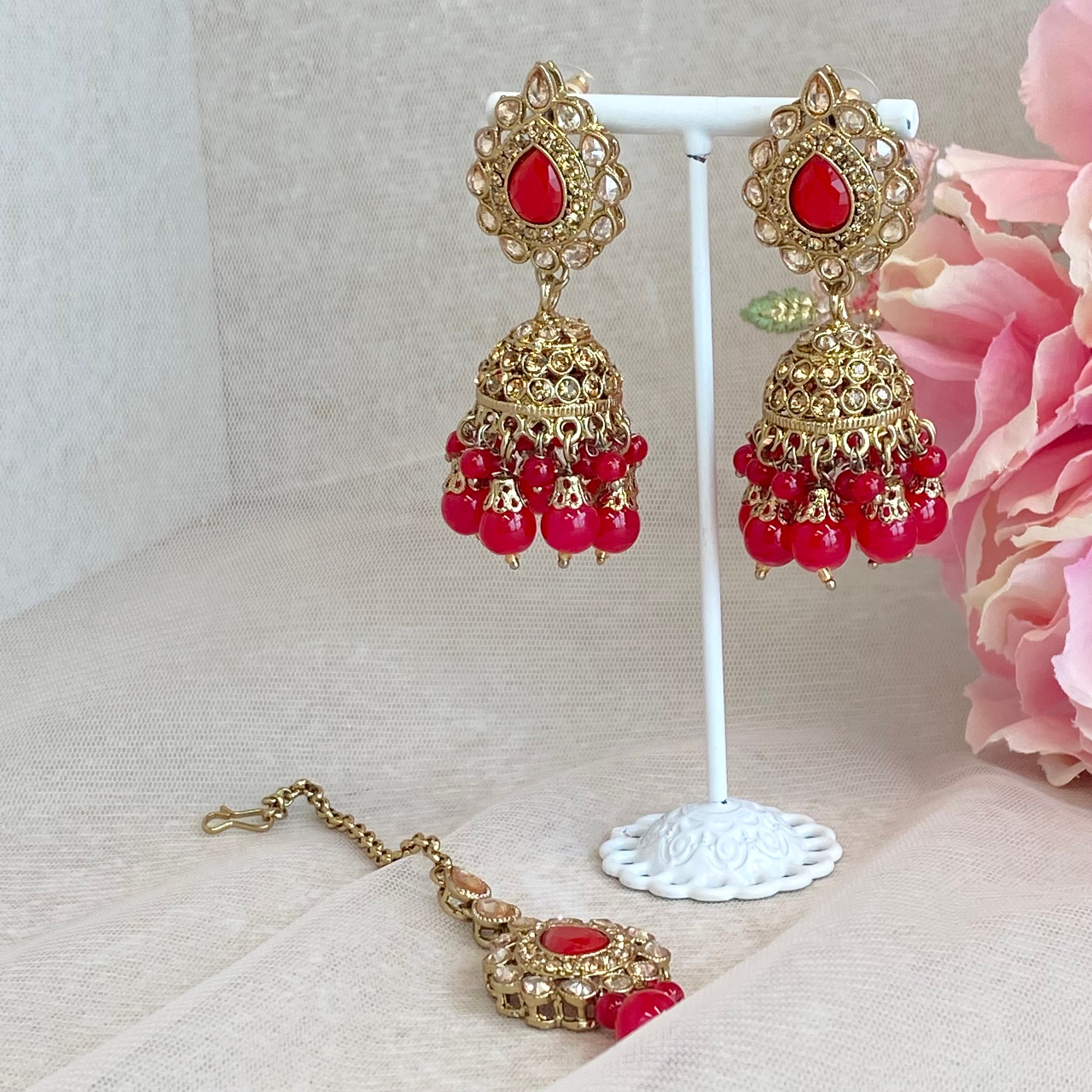 BollyBlingBazaar Red Jhumka and Tikka Set Earring Indian Pakistani Style Jhumki Tikli