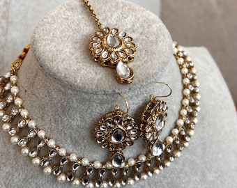 Faux Kundan White Pearl Gold Necklace Set Lightweight Earring Tikka Indian Pakistani Fashion Jewellery Gift High Quality Sale Traditional
