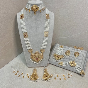 Gold Plated Pearl Bridal Choker Set- With Choker, Mala, Jhumka Earring, Tikka, Jhumar/ Indian/ Pakistani Style/ Maroon Detail (Imperfect)