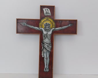 Cruz de vidrio opalino, hermoso arte, crucifijo antiguo, decoración del hogar, decoración de la pared, arte, escultura, Jesús, cristiano, cruz roja, art deco