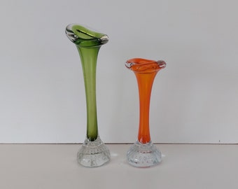Two vase, orange vase, green vase, glass vase, unique vase, vintage vase, retro vase, small vase, tall vase, gift idea