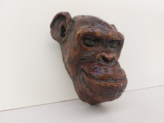 Gypsum Chimpanzee Head, Great Real Monkey Face, Wall Decor, Unique