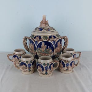 1950 Grez Germania ceramica, set Punch, set di ceramica vintage, con 5 bicchieri, da collezione, unico, idea regalo, arredamento per la cucina, made in Germany
