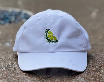 Fiesta Friday Lime Logo Performance Cap - White Sports Cap - Margarita Festive Apparel - Green Logo Fruit Hat