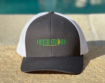 Fiesta Friday Lime Logo Trucker - White Baseball Cap - Margarita Festive Apparel - Green Logo Fruit Hat - New Era Structured Adjustable Cap