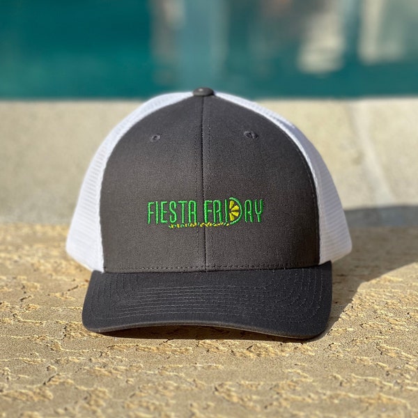 Fiesta Friday Lime Logo Trucker - White Baseball Cap - Margarita Festive Apparel - Green Logo Fruit Hat - New Era Structured Adjustable Cap