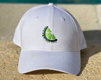 Fiesta Friday Lime Logo Cap - White Baseball Cap - Margarita Festive Apparel - Green Logo Fruit Hat - New Era Structured Adjustable Cap