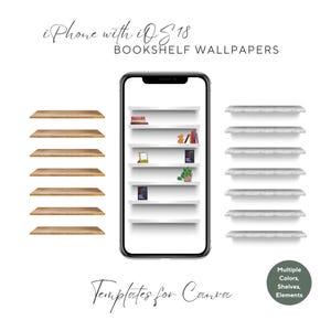 May include: A set of 10 customizable bookshelf wallpaper templates for iPhone with iOS 18. The templates feature a white bookshelf with five shelves and a variety of decorative elements, including books, a picture frame, and a potted plant. The templates are designed to be used with the Canva app.