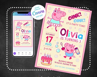 Peppa Pig Birthday Invitation Template, Editable Printable Invite, digital Girls Kids Birthday invite