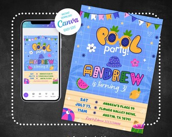 Pool party invitation, Pool party birthday, printable editable boy girl invite template, neon invitation, pool neon party, boy summer b-day