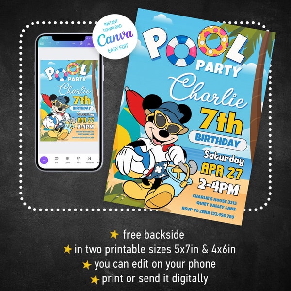 Printable Clubhouse Birthday Invitation, Mickey Invitation, Clubhouse Invitation, mouse party Invite, Editable invite, pool party invitation