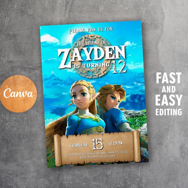 Video gamer invite, Legend of Zelda Birthday Invitation, Digital Download, Zelda Tears Of The Kingdom, Birthday Party, Game on Invitation