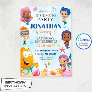 May include: A colorful birthday invitation featuring cartoon characters and the text "It's Time to Party!" The invitation includes the name "Jonathan" and the age "5!" with event details. The design includes a Canva editable template.