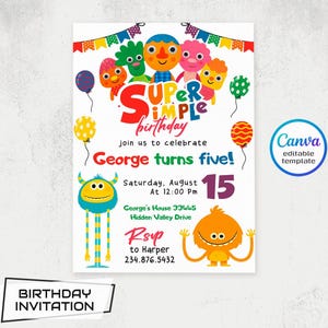 May include: A birthday invitation with colorful cartoon characters and the text "Super Simple Birthday." The invitation includes details for George's fifth birthday party, including the date, time, and RSVP information.