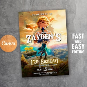 Videospieler einladen, Legend of Zelda Geburtstagseinladung, digitaler Download, Zelda Tears Of The Kingdom, Geburtstagsparty, Spiel auf Einladung