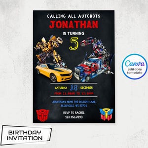May include: Black birthday invitation featuring Transformers characters. The invitation reads "Calling all Autobots" and "Jonathan is turning 5." Includes event details and RSVP information. A Canva editable template.
