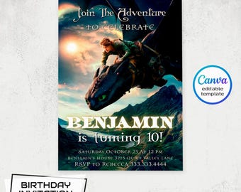 Toothless Birthday Invitation, Dragon Movie Ticket, Editable Printable