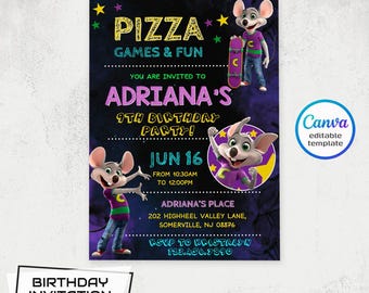 Chuck-E-Cheese verjaardagsuitnodiging, bewerkbare sjabloon (direct downloaden)