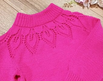 Girl hand knitted Sweater, high neck leaves pattern, Knitted Pullover, hand knitted merino wool sweater for girls, baby kids birthday gift