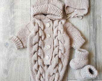 Autumn/spring hand knitted baby romper set knitted baby hat, booties, mittens. Mother's day, Take home baby outfit. Baby shower newborn gift