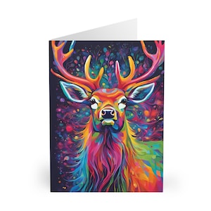 Kerstkaarten hert (5 stuks) - levendig natuurontwerp, kaarten voor de feestdagen, kleurrijke kersthertenkaarten, unieke vakantie
