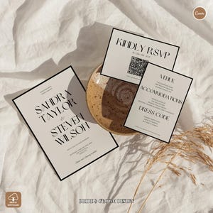 Ensemble de faire-part de mariage minimaliste moderne | Modèle de toile noir et blanc modifiable | RSVP et cartes détaillées incluses | WIC-0402