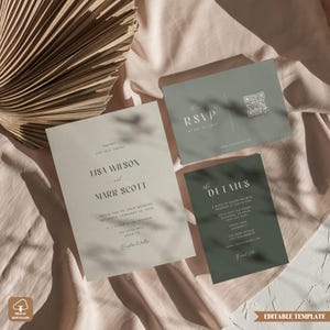 Sage green wedding invitation, invitation suite, qr code rsvp, minimal invite set, invites with qr code, modern invite bundle, WIC-0108
