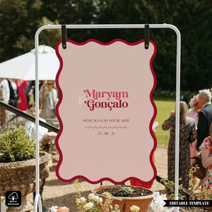 Editable Scalloped Wedding Welcome Sign Template, Pink & Red Wavy Border, Editable Canva Sign for Ceremony or Reception, WWS-0111