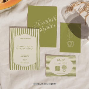 Ensemble de faire-part de mariage classique | Design vintage à rayures vertes | Modèle modifiable avec RSVP et carte de détails | Lot d'invitations modernes, WIC-0701