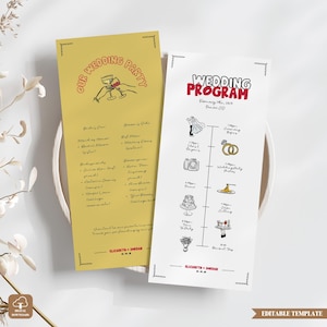 Modèle de programme de mariage, calendrier d'église rétro et carte de fête de mariage, panneau de programme de cérémonie modifiable sur toile recto-verso, WPT-0101