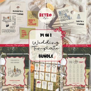 Retro Wedding Bundle Template, Editable Wedding Sign Set, Canva Wedding Templates, Retro Wedding Bundle, All-In-One Wedding Kit, WSB-01